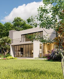 Modern home exterior at dusk