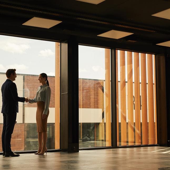 Business professionals shaking hands in a sunlit modern office with floor-to-ceiling windows