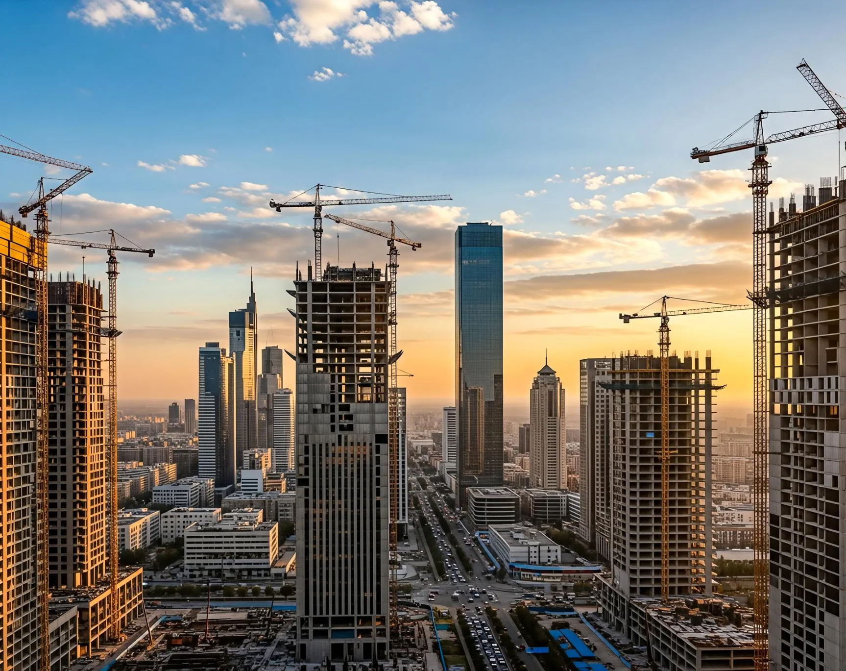 City skyline at sunset with tower cranes and high-rise buildings under construction