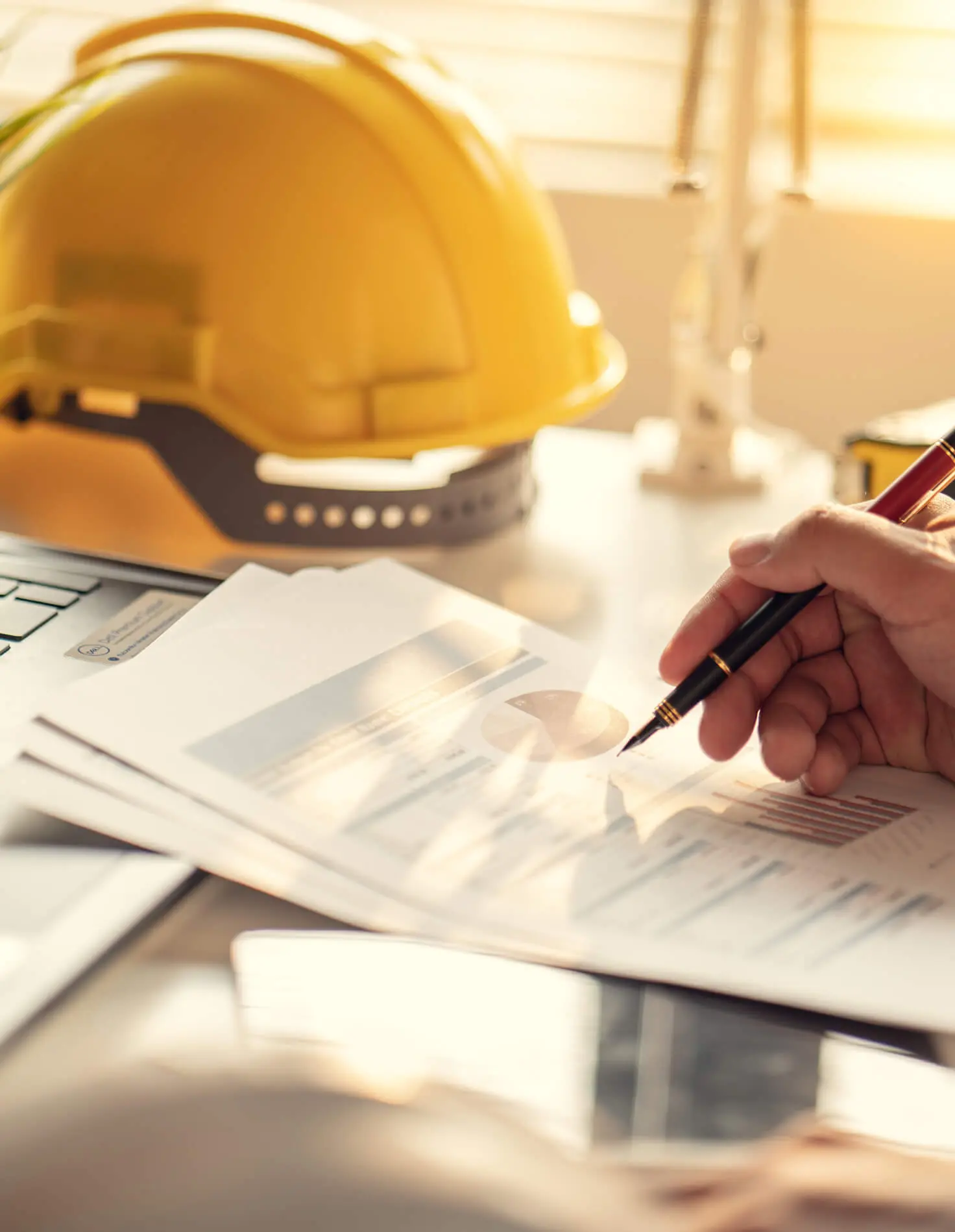 Hand reviewing construction project charts beside a yellow hard hat on a desk