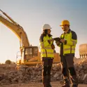 Two site managers in hard hats reviewing a tablet beside excavators at sunset