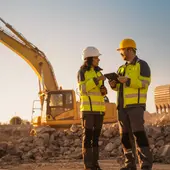 Two site managers in hard hats reviewing a tablet beside excavators at sunset