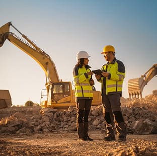 Two construction managers in safety gear reviewing a tablet beside excavators at sunset